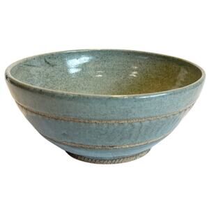 Hand Thrown Art Pottery Bowl Bluish Green Glaze w/Rings Artist Signed Multi Use